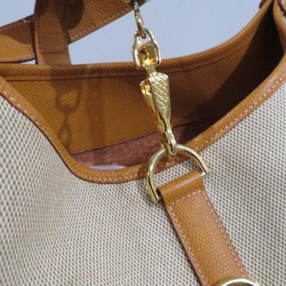 REINA Italian Leather Tan Leather Trim Beige Canvas Shoulder Bag - Picture 5 of 10